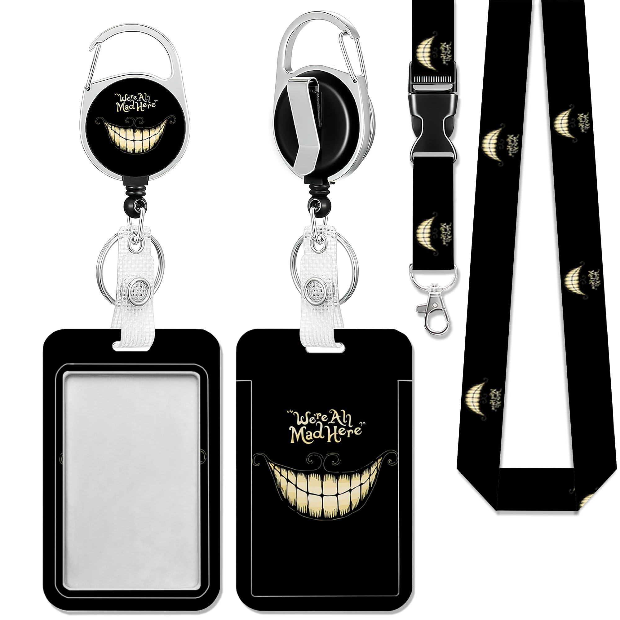 Black Scary Halloween Smile Badge Holder with Lanyard, Funny Badge Reel Retractable Heavy Duty with 360° Swivel Carabiner Clip, ID Badge Holder with