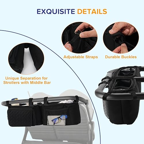 Miniatura 4 de Organizador doble para cochecito con 2 portavasos aislados, consola para padres que se adapta a BOB Duallie, Jeep, Baby Jogger City Mini GT2 y