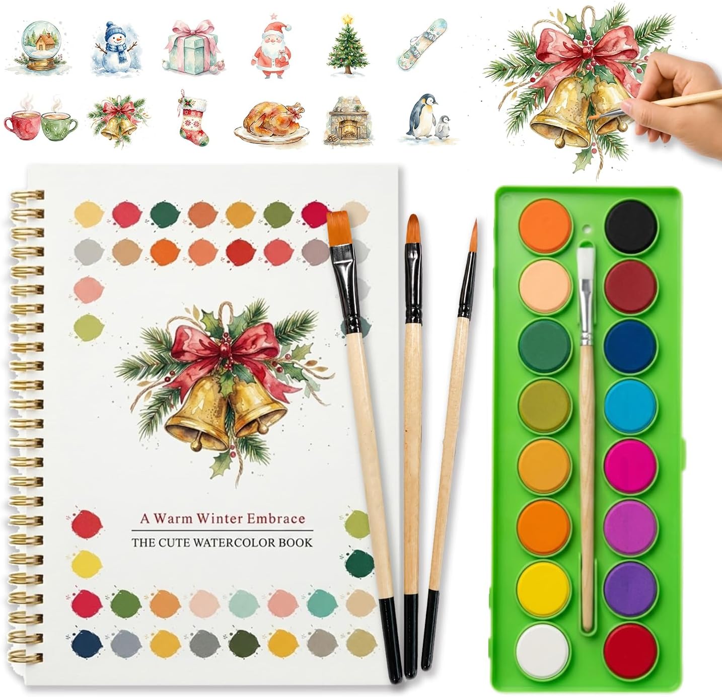EIOLUIK Watercolor Christmas workbook, 16 Colors, 3 Brushes. Perforated Pages. Great Gift for Women, Kids & Beginners. Perfect for Christmas