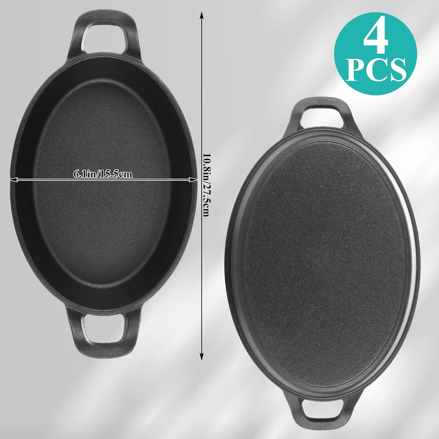 4Pcs Mini Cast Iron Skillets, 8.5×6.1 Inch Small Cast Iron Pan, Black Double-Eared Oval Frying Pots, Baking Pans for Kitchen Indoor Outdoor and Picnic