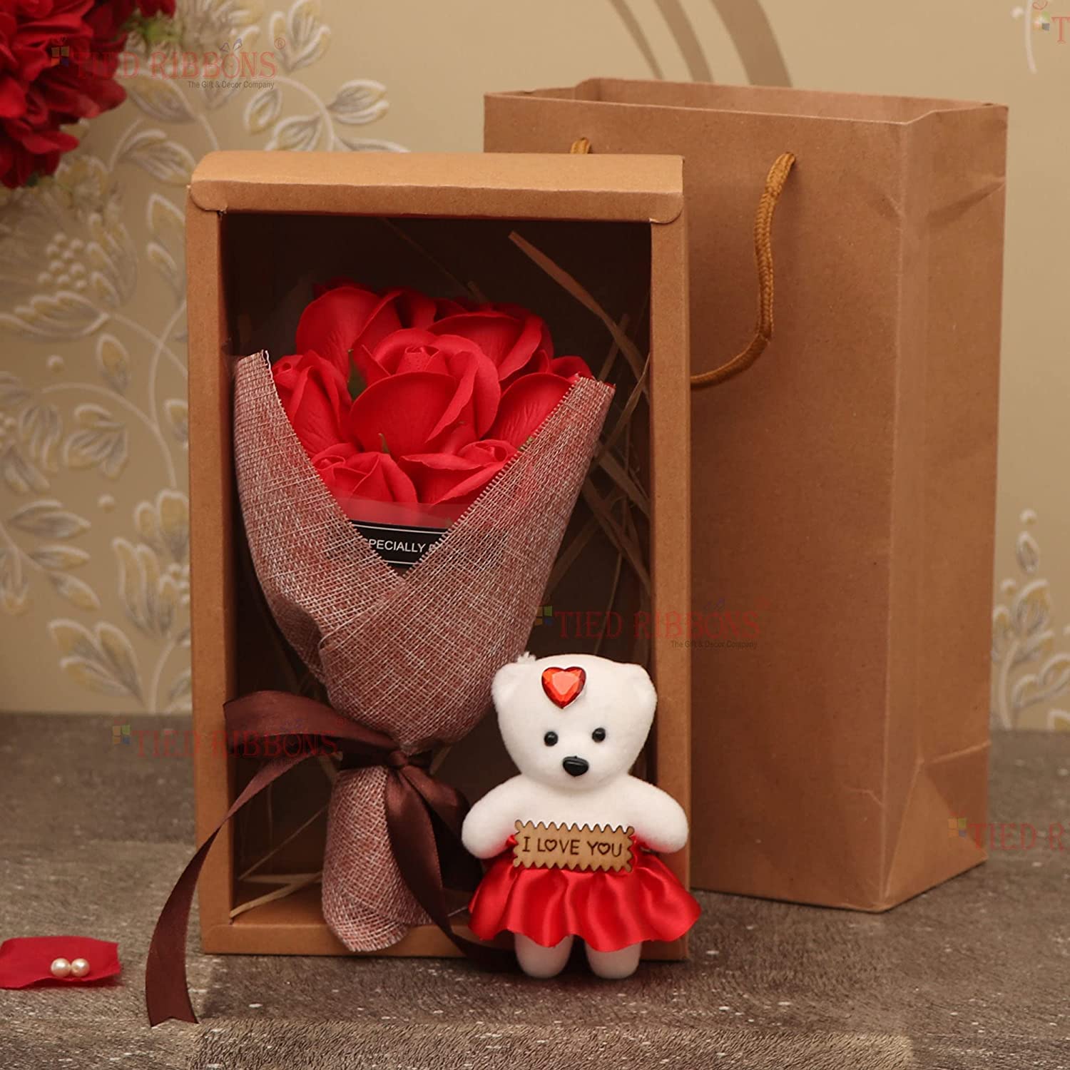 Valentine Gift for Girlfriend Boyfriend Husband Wife Men Women Girls Boys / Special Artificial Red 7 Roses Flower Bouquet with Mini Teddy Bear (30 cm x 8.2 cm),Silk