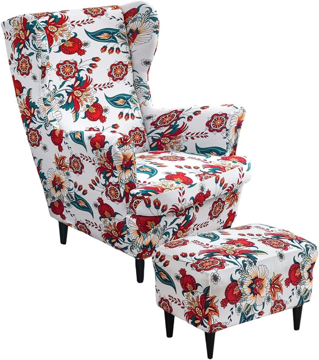 Wing Chair Cover Set, Include 2 Piece Stretch Wingback Chair Slipcover and Ottoman Cover, Removable Machine Washable Armchair Chair Cover for Living Room (Color : #19)