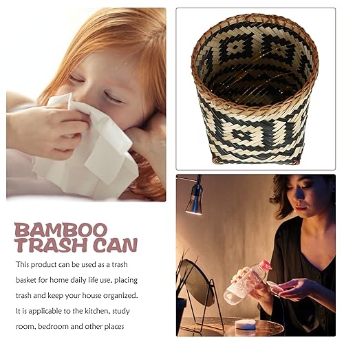 Miniatura 5 de Alipis Cesta de basura de ratán tejida de bambú, cesta de basura redonda de ratán, cesta de basura de mimbre, contenedor de basura, cesta de arreglo