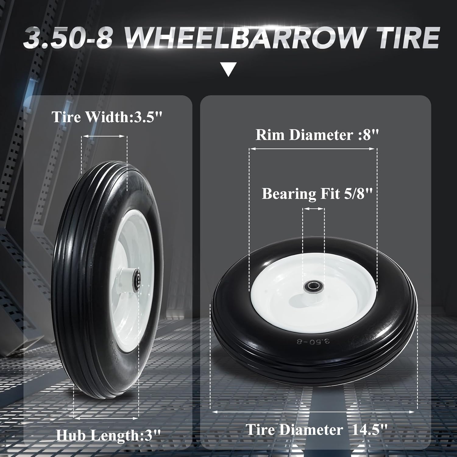 4.80/4.00-8 Flat Free Wheelbarrow Tires - Soild with 3" Centered Hub and 5/8" Extra 3/4" Bearings, 14.5” Wheelbarrow Tire Universal Fit for 4.00-6, 3.50/3.00-8 Tire, Gardon Cart (2 Pack) multicolored