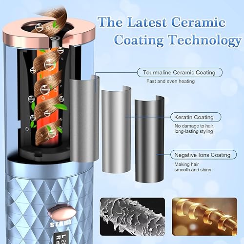 Miniatura 3 de Rizador de cabello automático inalámbrico rizador de pelo de cerámica giratorio automático rizador portátil recargable con 6 temperaturas y