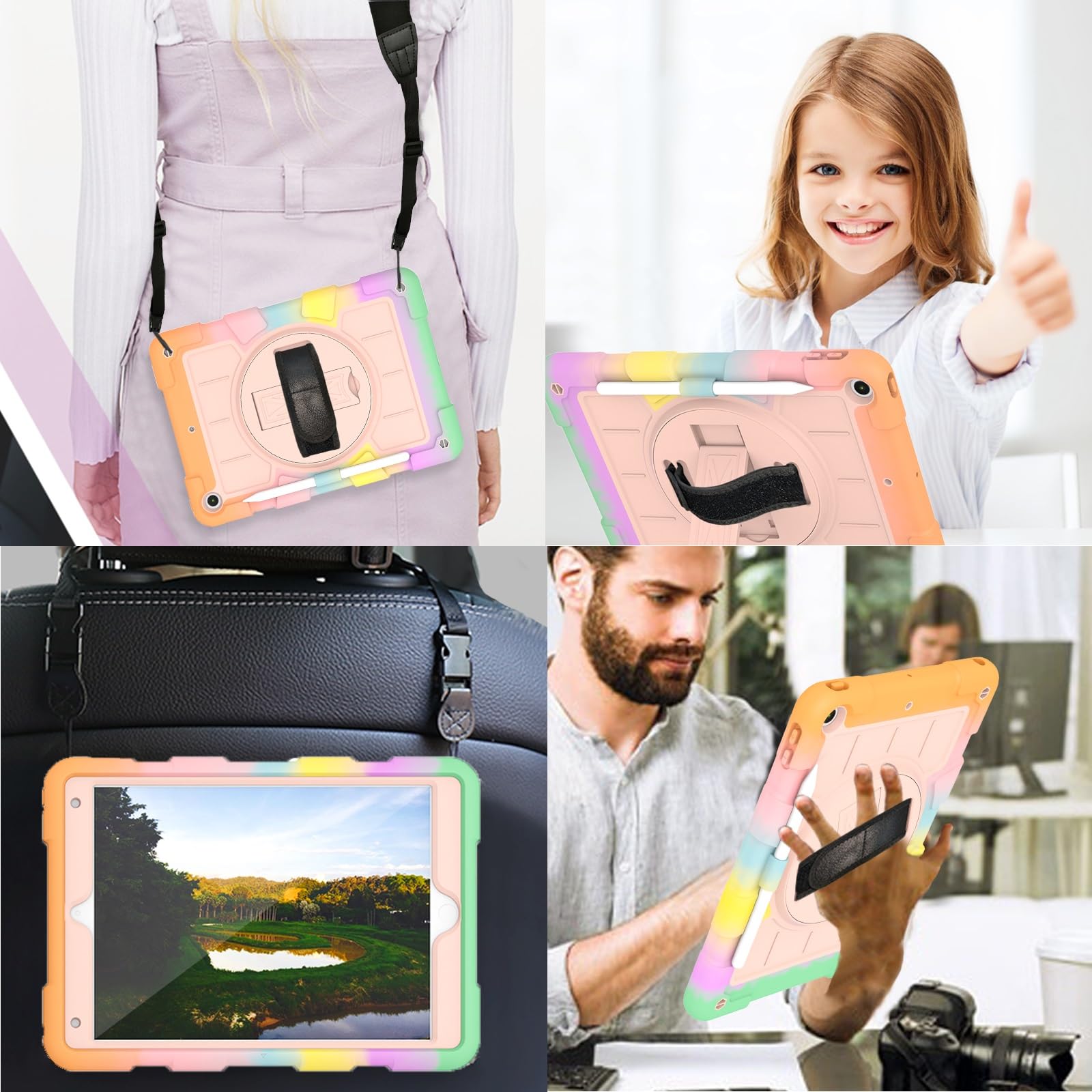 Custodia protettiva per tablet PC compatibile con iPad di 9a/8a/7a generazione 2021/2020/2019 (10,2"), custodia protettiva antiurto integrale con guscio infrangibile W supporto girevole a 360° +