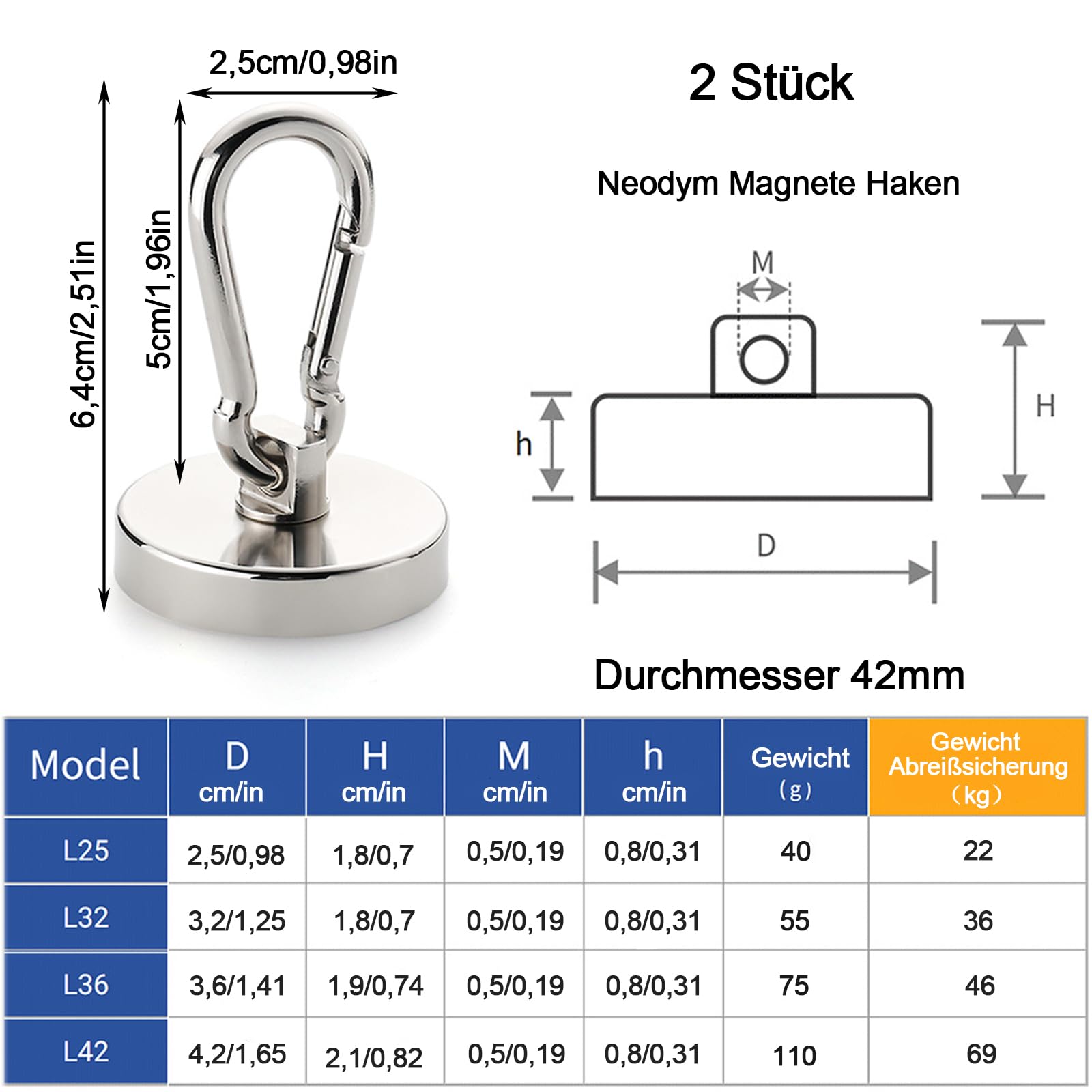 2 sztuki haków magnetycznych, ekstra mocne, 42 mm, magnesy neodymowe, obciążenie do 69 kg, obracane o 360°, do lodówek, kuchni