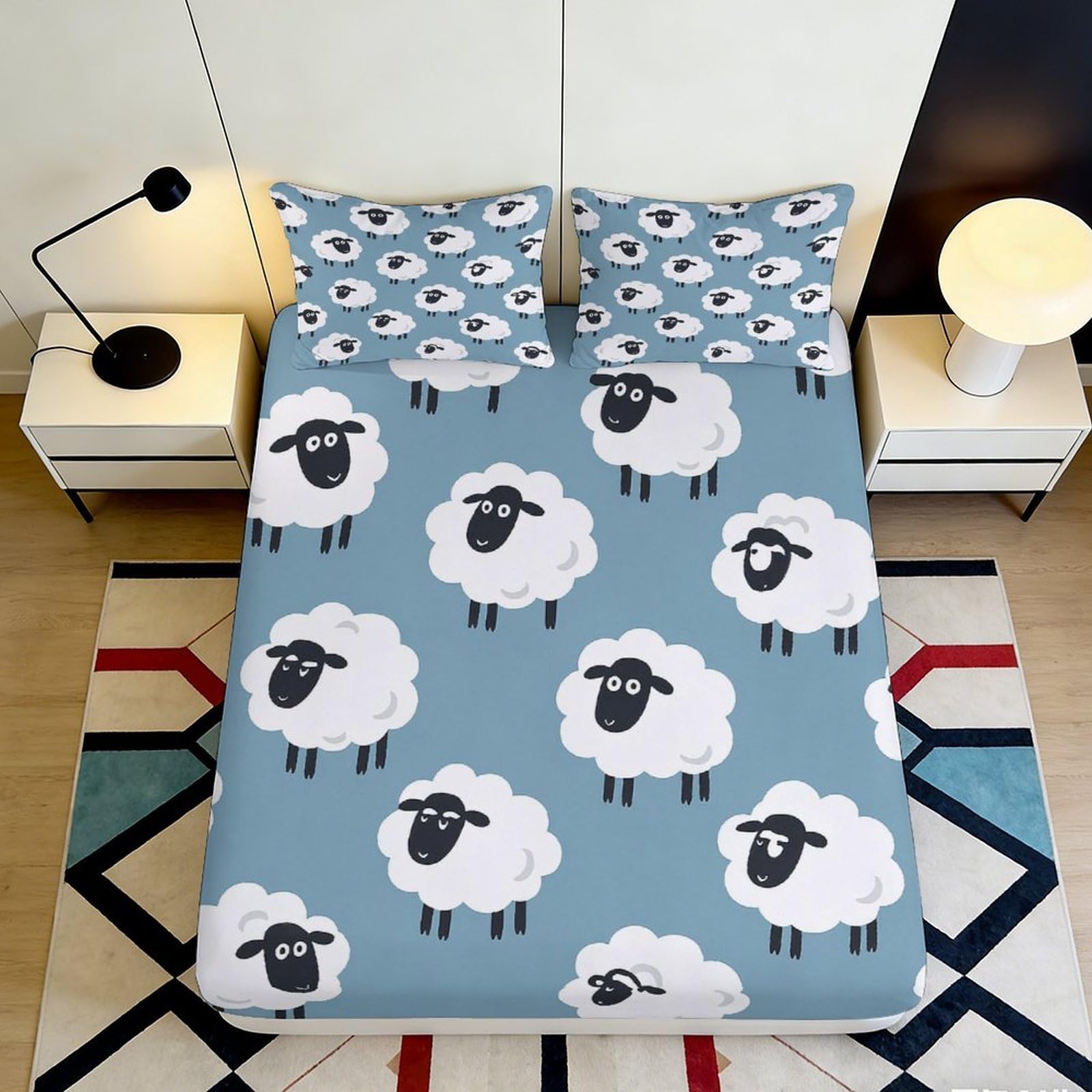 3D Printed Cartoon Sheep Fitted Sheet Microfiber Blue Bed Cover for Bedroom Dorm Mattress Protection Decor 90x200x25cm