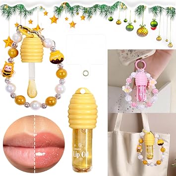 2Pcs Glitter Lip Gloss with Keychain and Beaded Phone Wrist Strap,Cute Clear Pink Honey Lip Gloss Set for Girls,Hydrating Fruit Flavored Tinted Girls Lip Oil Stain Long Lasting With Box Gifts