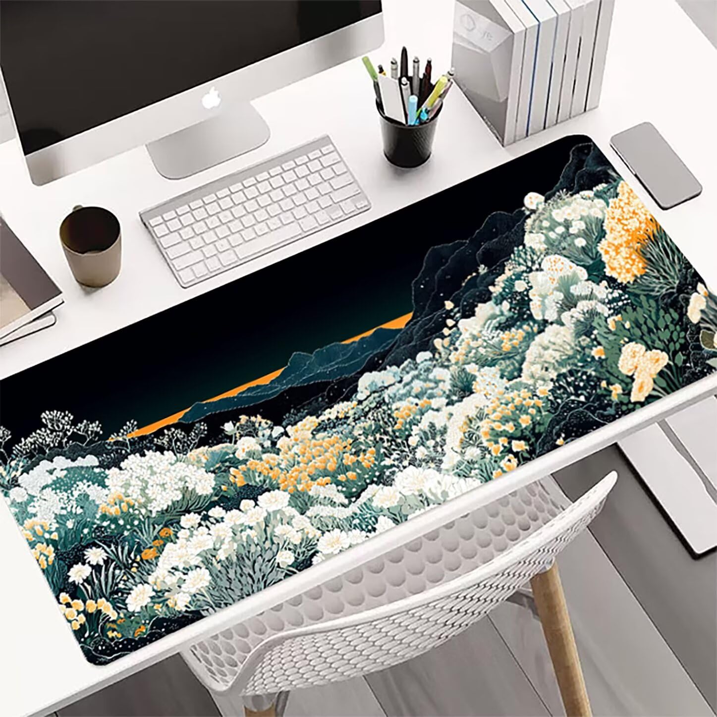 Lpfieonn Blume Großes Schreibtischunterlage, XXL Schreibtischunterlagen, Landschaft XXL Wasserdicht Gaming Mousepad mit Vernähter Rand und Rutschfeste Gummibasis, für Hause/Büro 120x60cm PF-2055