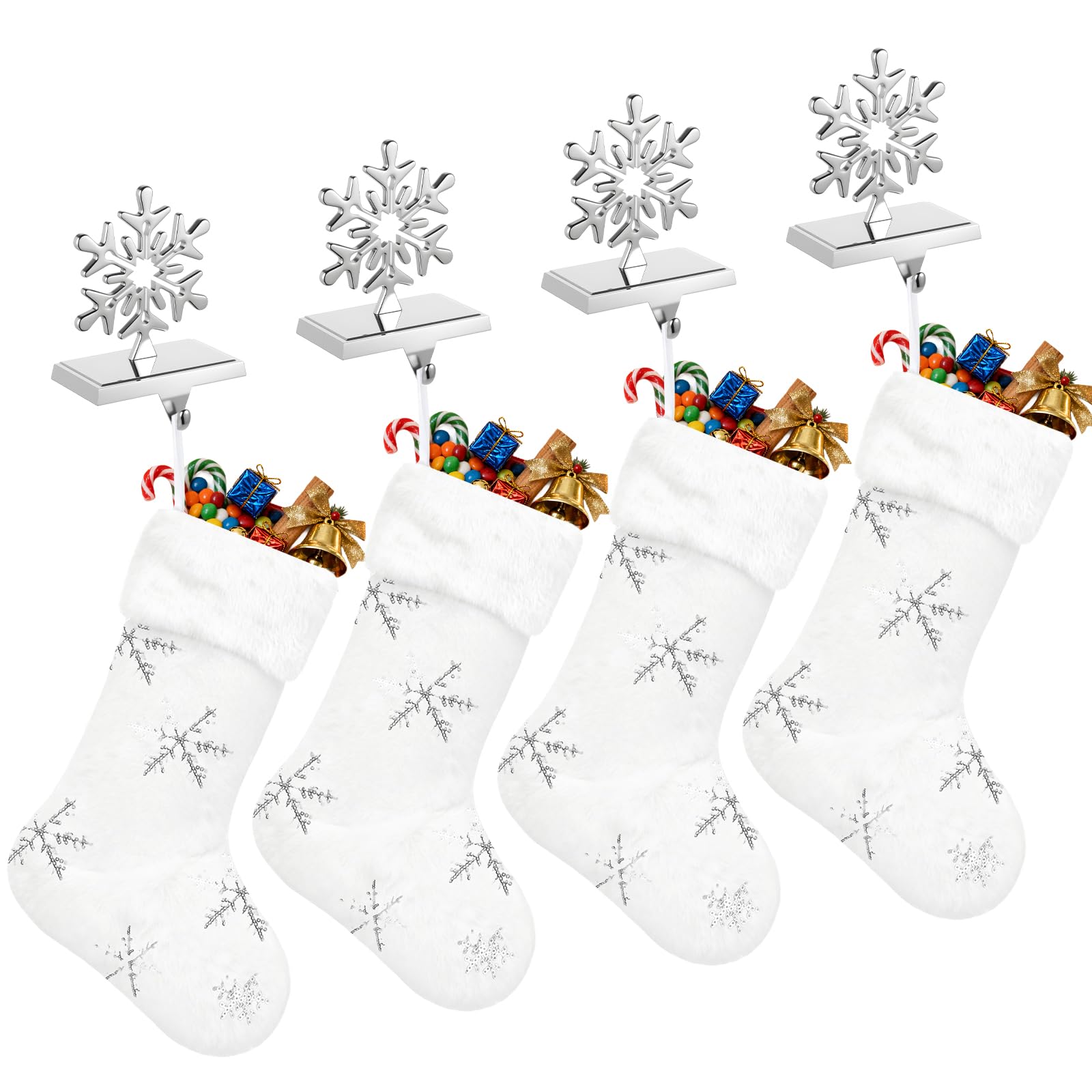 8 Pcs Christmas Stockings with Holder Set Includes 4 Faux Fur Stocking Ornaments 4 Mantle Snowflake Stocking Hangers Hooks for Xmas Family Party Decoration