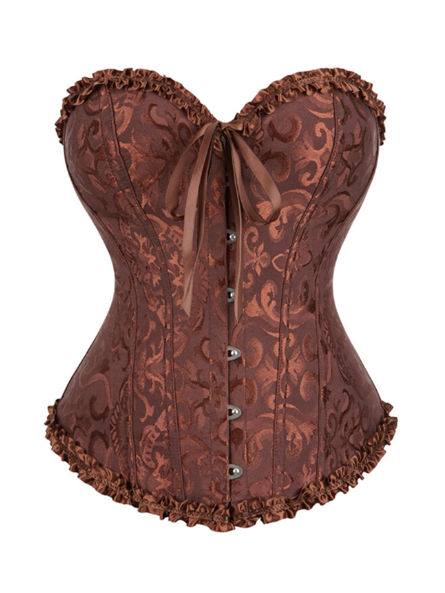 Women's Plus Size Corset Tops Boned Overbust Bustier Shapewear Lingerie Floral Lace Up Ruffle Trim Waist Push Up Bodysuit-image-6