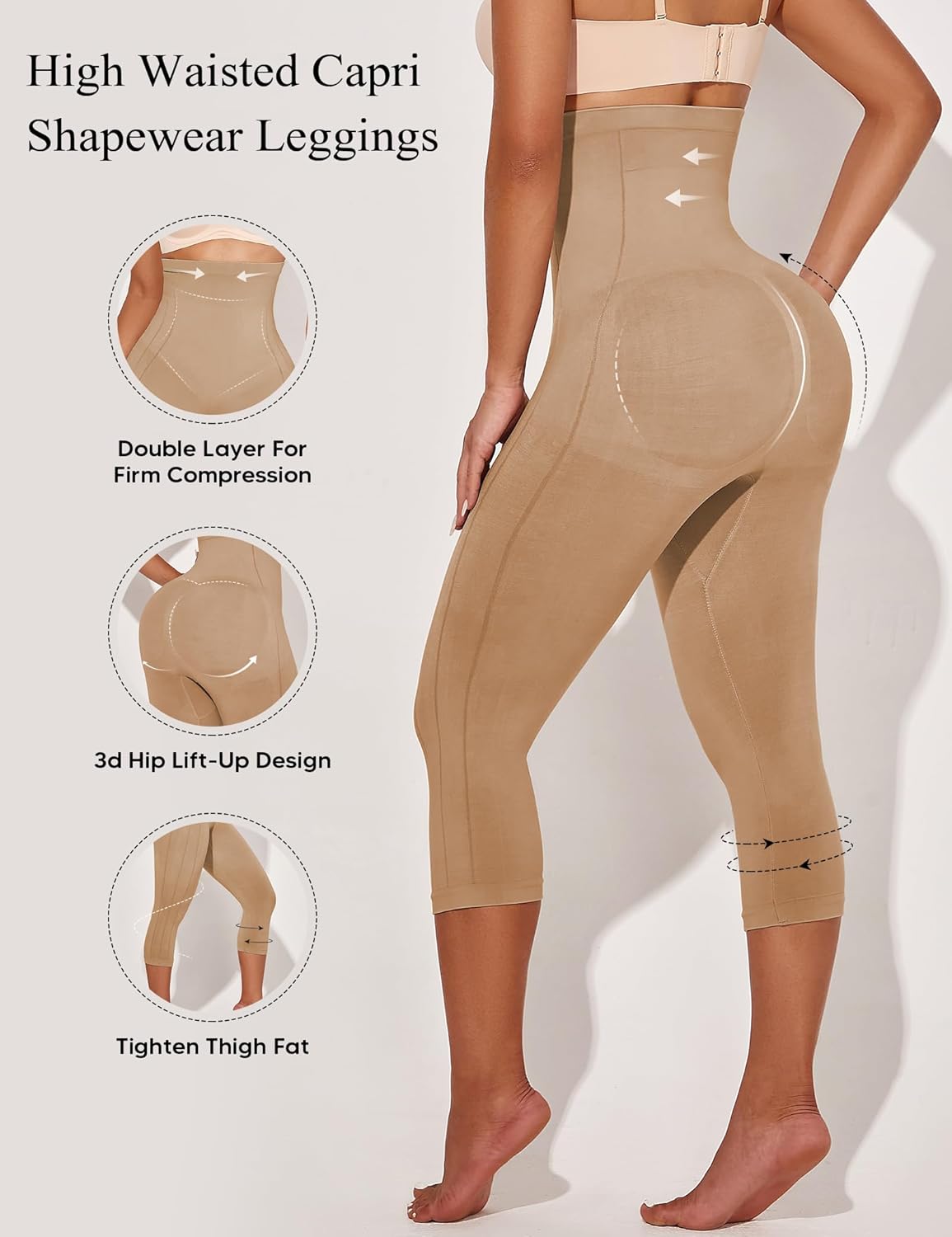 Shapewear Leggings for Women Tummy Control High Waisted Capri Body Shaper Butt Lift Thigh Slimmer - Image 2