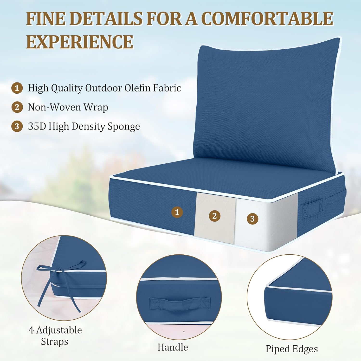 Outdoor Deep Seat Cushion Set, Fade Resistant Patio Chair Cushions, 24x24x6 Inch Patio Sofa Furniture Pad with Removable Cushion Covers (Navy Blue+White Side, 24''Lx24''Wx6''H-1pcs Set)