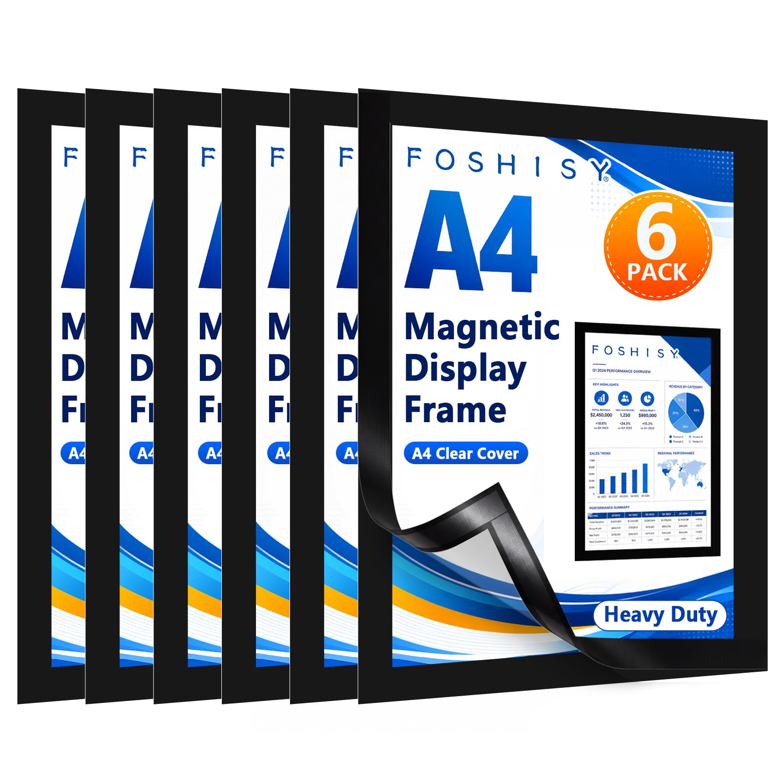 FOSHISY 6 Pcs A4 Magnetic Frame, Clear Magnetic Sign Document Holder, Black