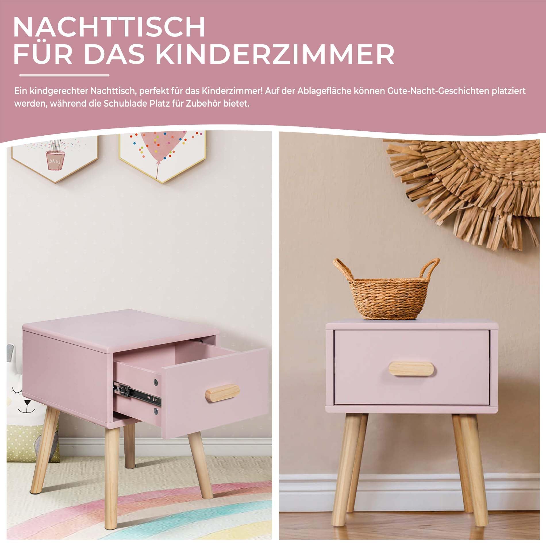 Rebecca Mobili Nachttisch für Kinder, Möbel für Kinderzimmer, Rosa Braun, Kiefern MDF, mit 1 Schublade mit Führungsschienen, Platzsparend - Maße HxBxT: 44 x 35 x 35 cm - Art. RE6977