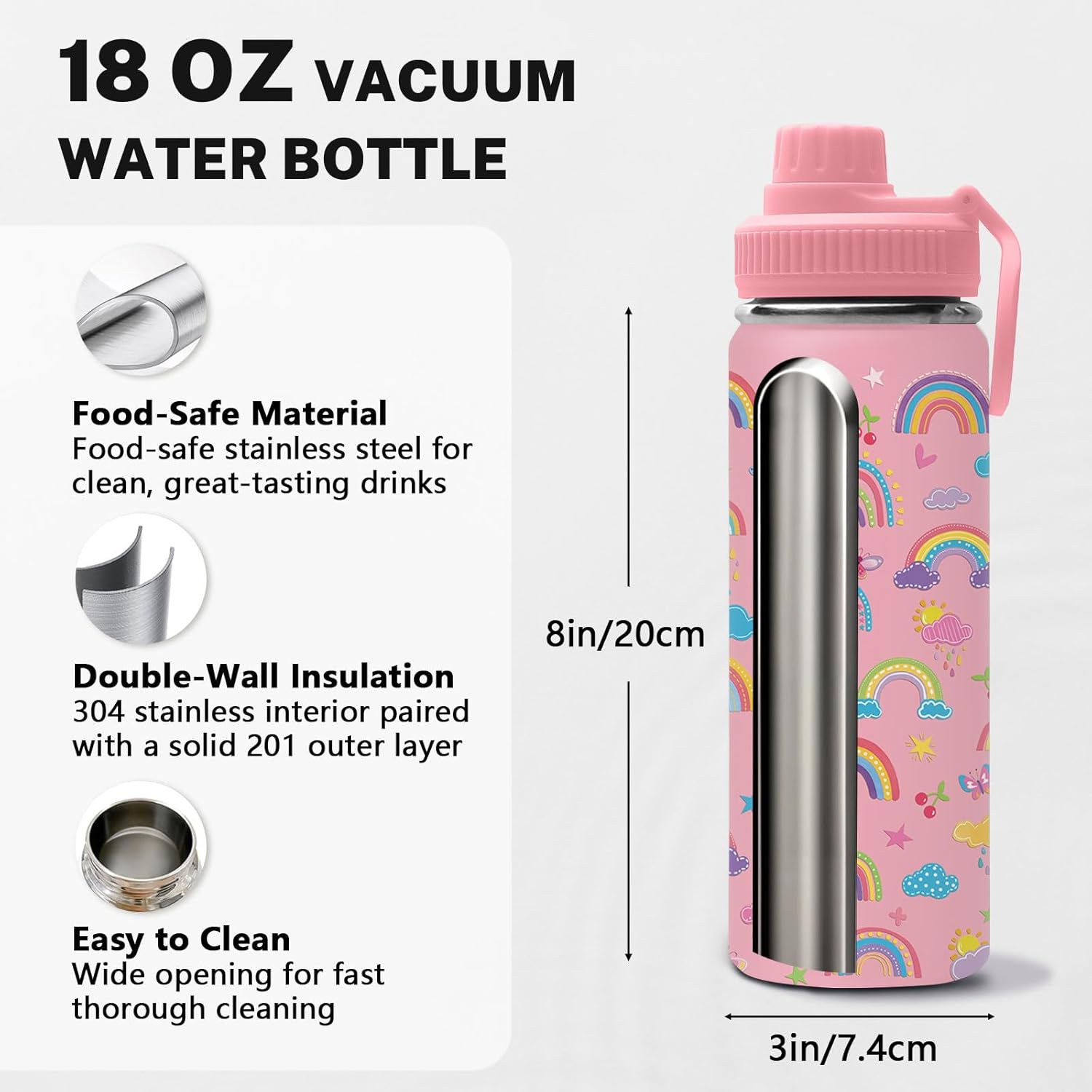 Rainbow Water Bottle for Son & Daughter, Stainless Steel Insulated Tumbler for Home with 2 Lids & Handle, Antislip Silicone Boot, 18oz Reusable Leak-proof Bottle for Sports