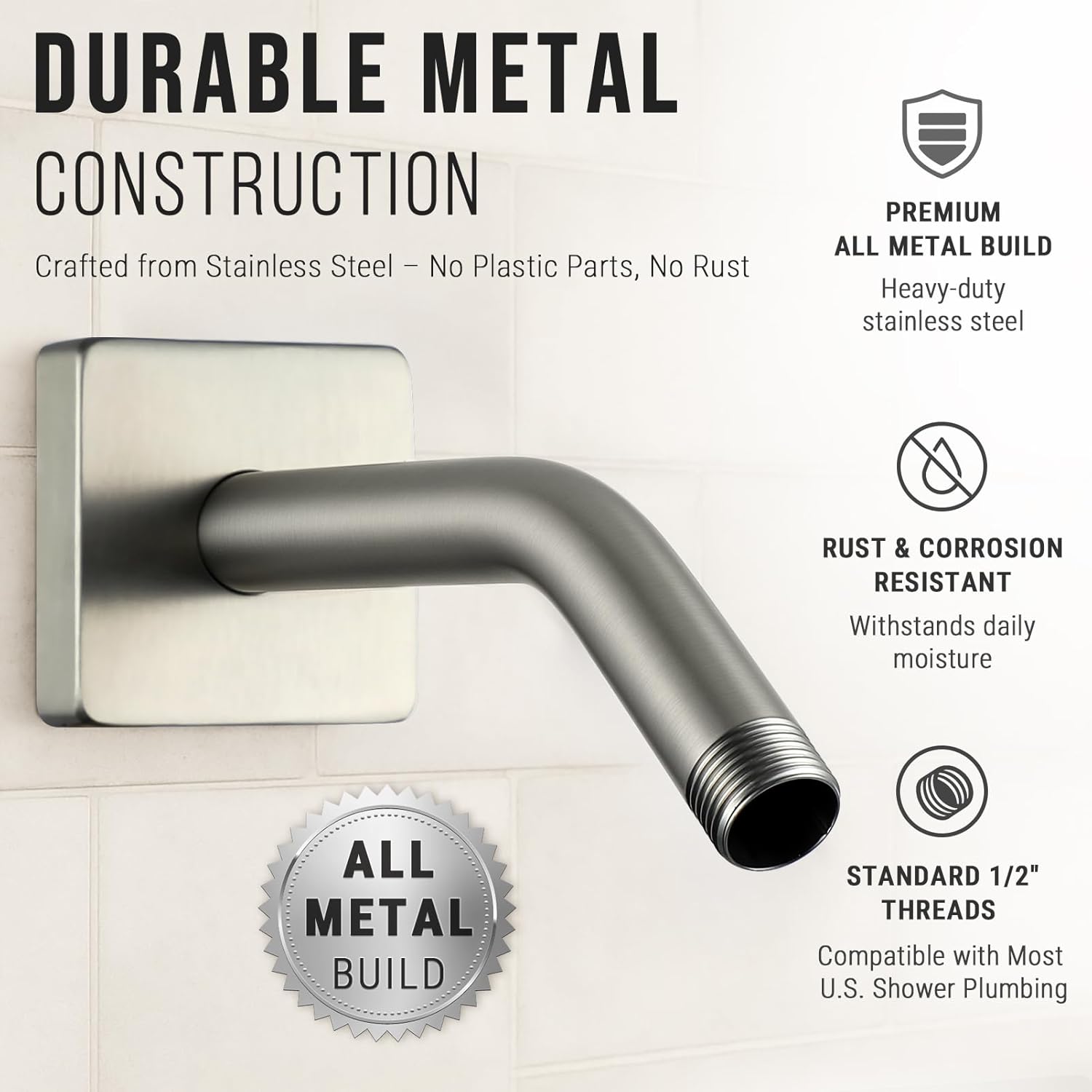 G-Promise All Metal 6-Inch Shower Arm with Flange, Wall-Mounted Stainless Steel Shower Pipe Replacement for Fixed and Handheld Shower Heads, Metal Adjustable Handheld Shower Head Holder