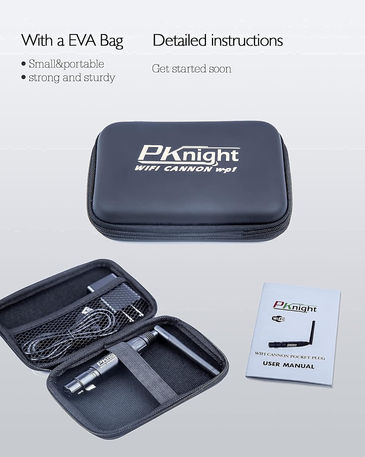 Pknight EasyNode Plug, USB cable, and user manual inside an EVA bag.