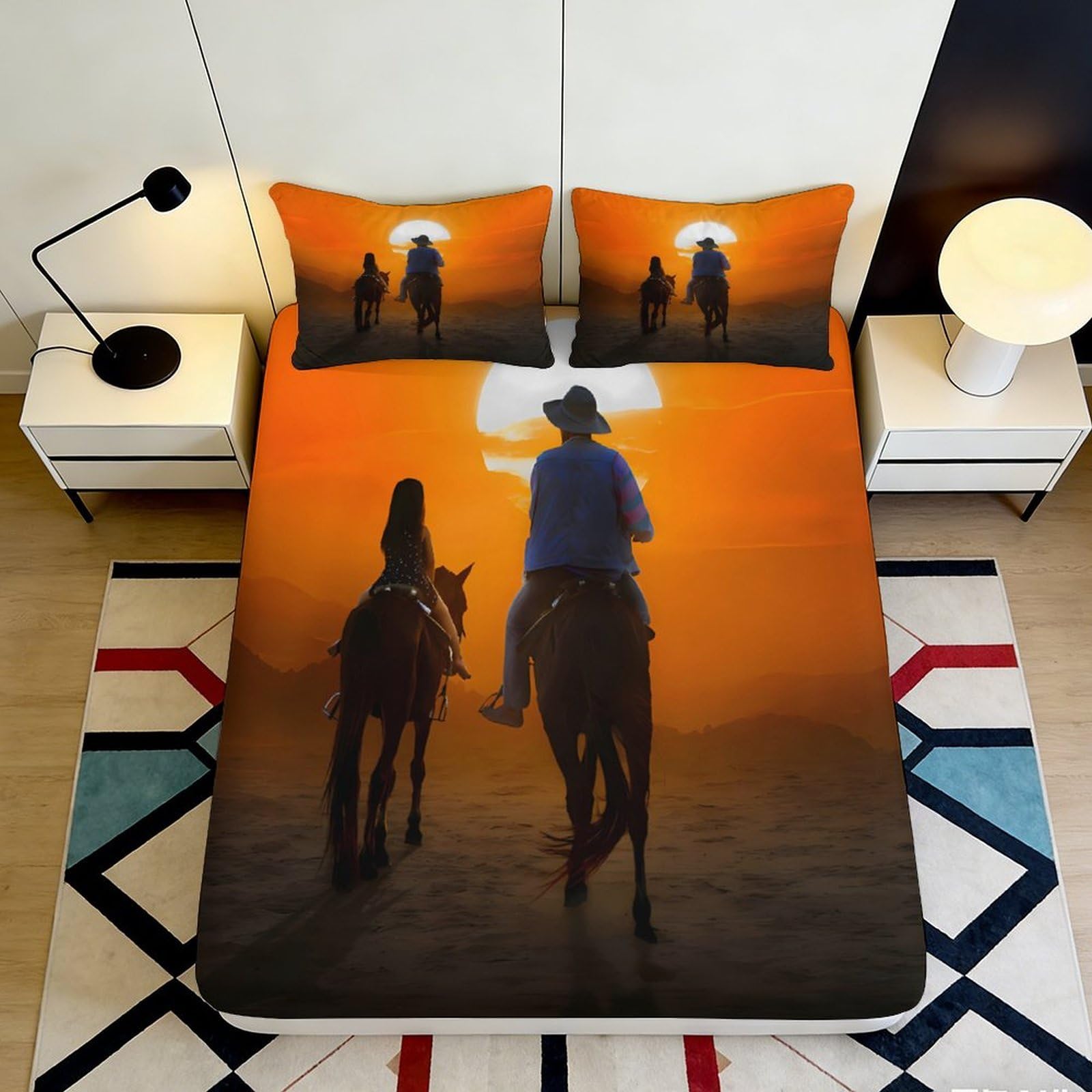 3D Printed Sunset Horse Riding Fitted Sheet Microfiber Mattress Cover Orange Scenic Bedding for Bedroom Guest Room Decor 140x200x25cm