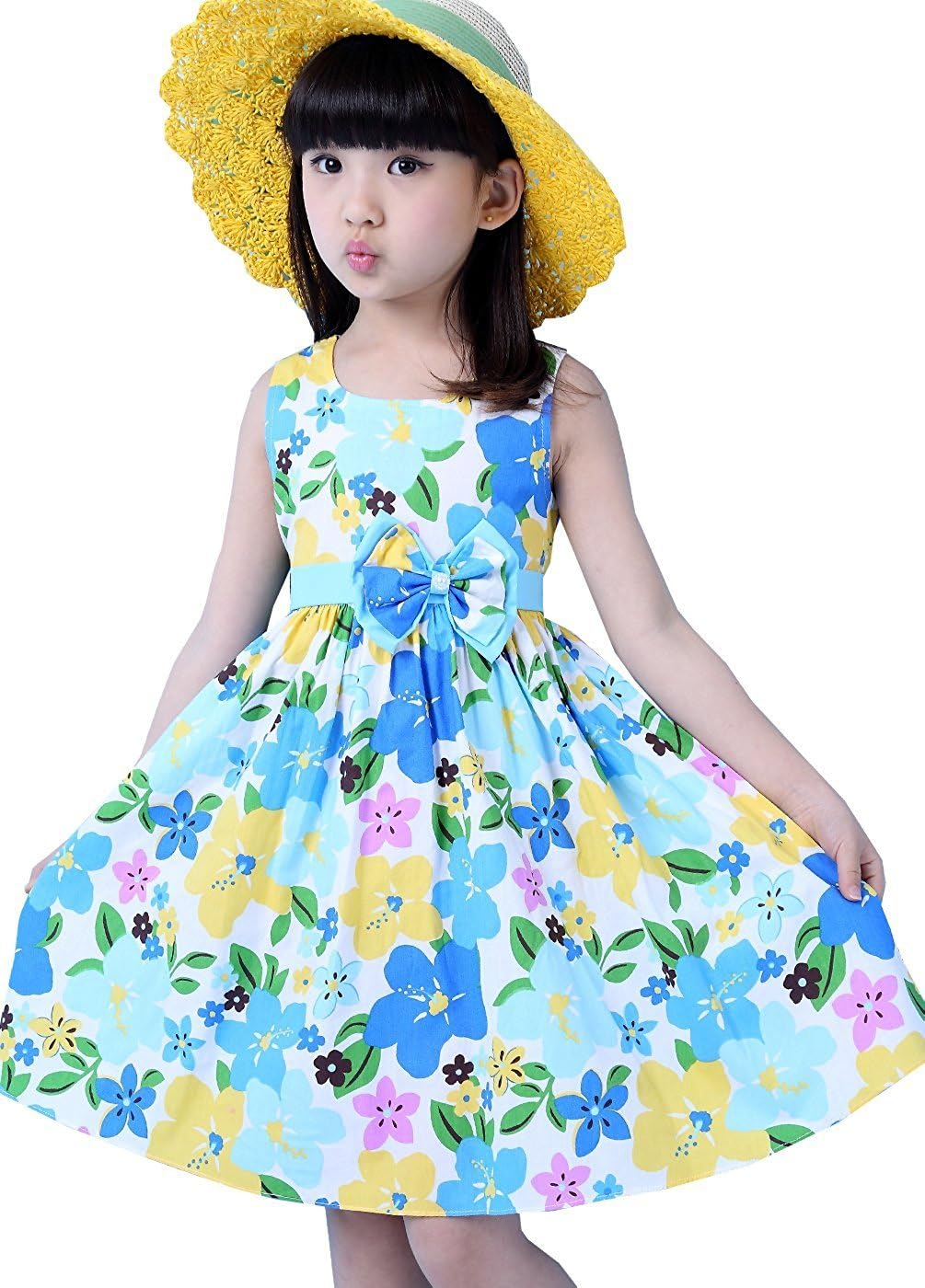 Girls Summer Sleeveless Flower Print School Uniform Dress with Bowknot 2-6Years (2-3Years, Blue B)
