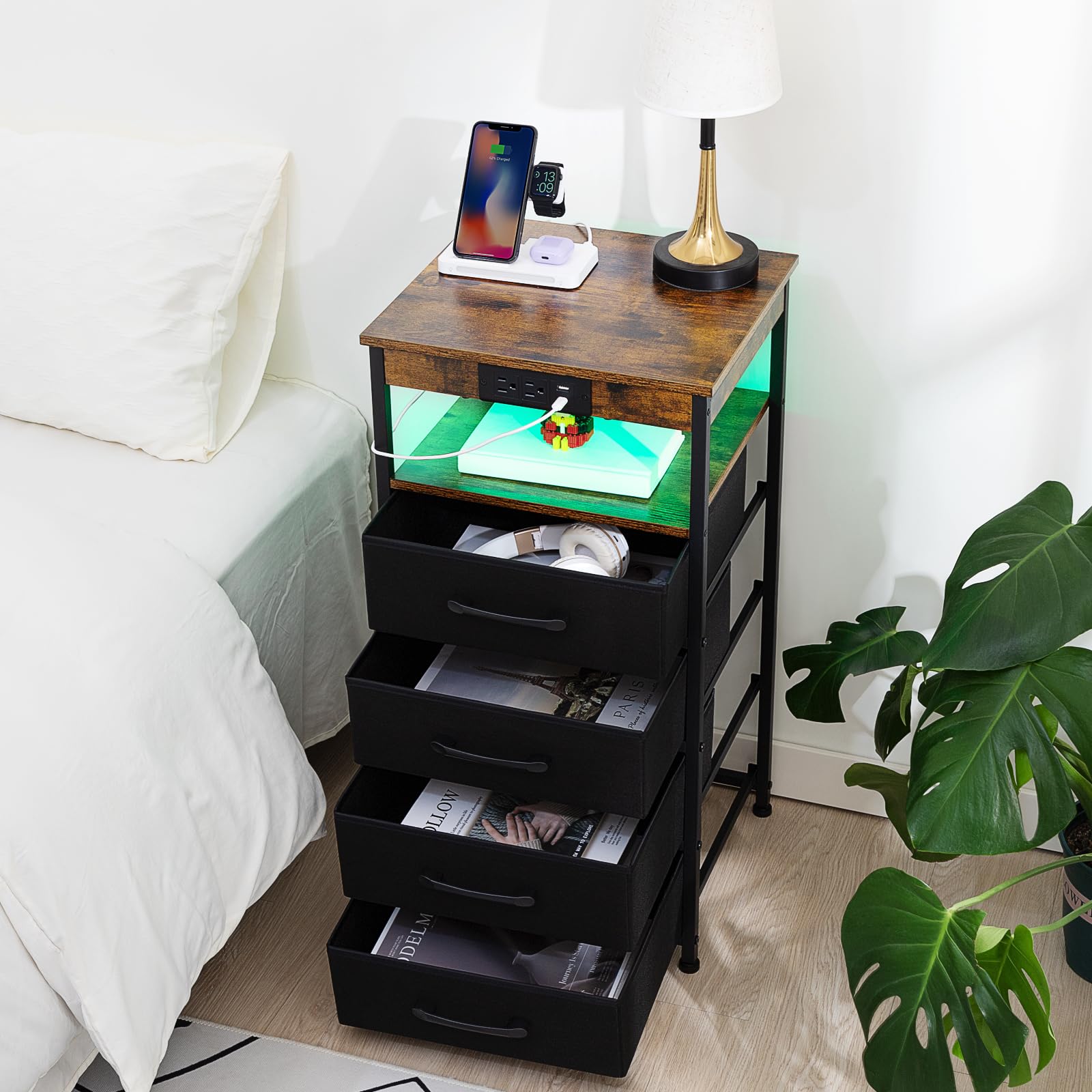 LOAKEKEL Nightstands Set of 2, Tall Night Stand with Charging Station