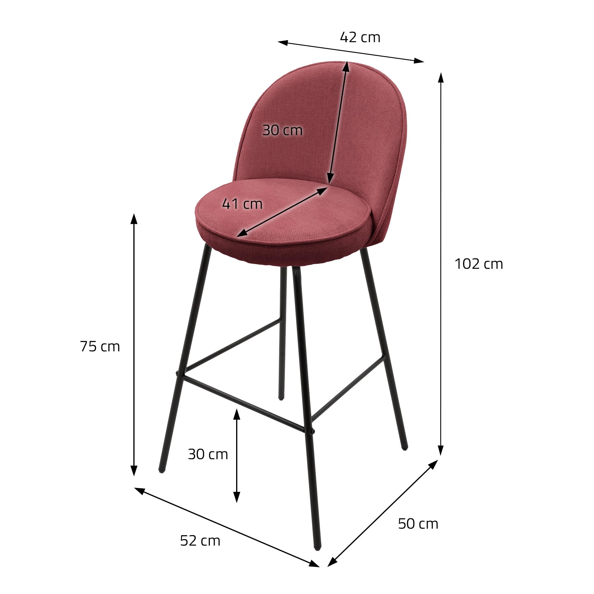 ML-Design Set di 4 Sgabelli da Bar Rosso con Rivestimento in Tessuto, Altezza 75 cm, Struttura in Metallo, con Schienale e Poggiapiedi, Sedia Alta Imbottita da Cucina, Sgabello da Bistrot o Bancone