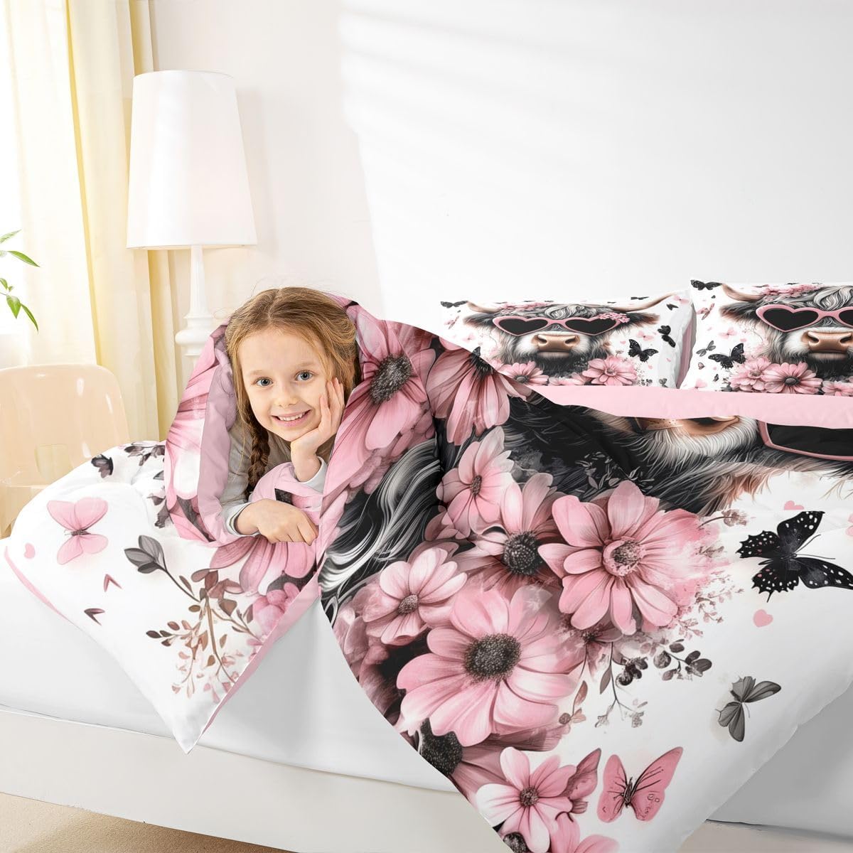 Manfei Highland Cow Comforter Set Queen Size,Pink Flower Black Butterfly Bedding Set 3pcs,Farm Animal Theme Down Comforter for All Season,Kids Boys Girls Room Decor,2 Pillowcases,No Sheets