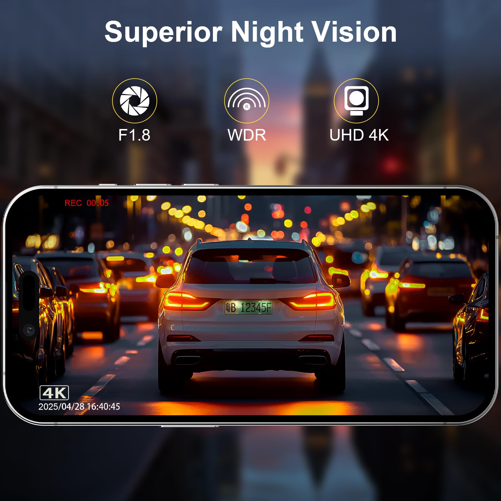 Dash Cam Auto 4k + 1080P, WiFi Dashcam Telecamera per Auto Atti Vandalici con Visione Notturna Migliorata, Sensore di Gravità, Registrazione in Loop, WDR
