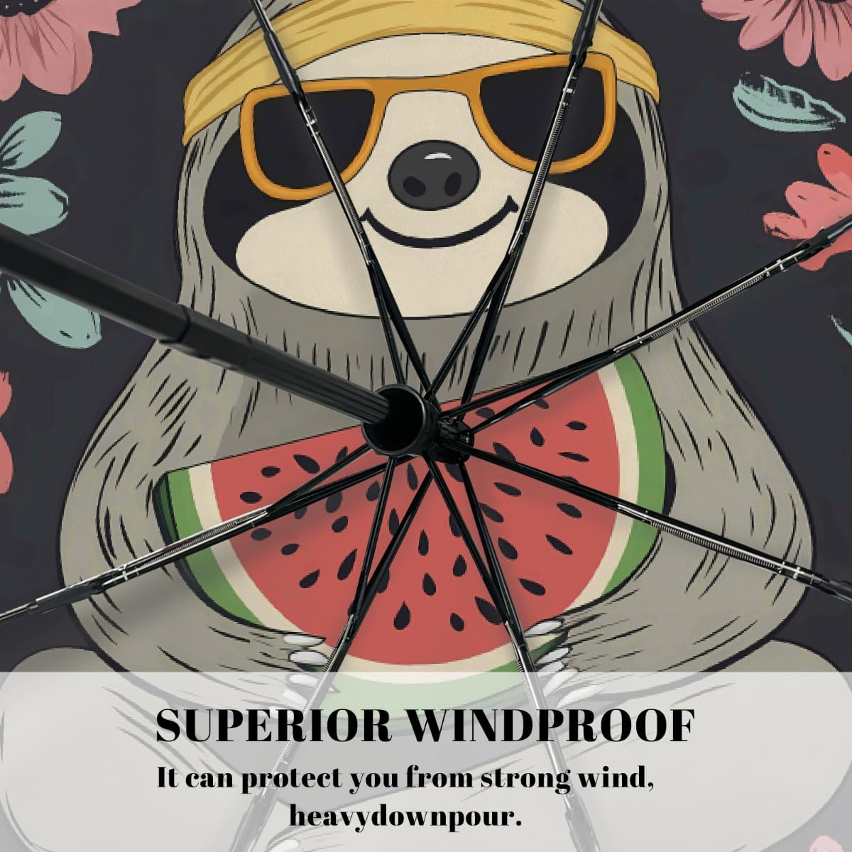Animal Sloth Flower Watermelon Folding Umbrella Windproof Compact Lightweight Travel Umbrella with 8 Reinforced Ribs, Portable UV Sun & Rain Protection for Men & Women