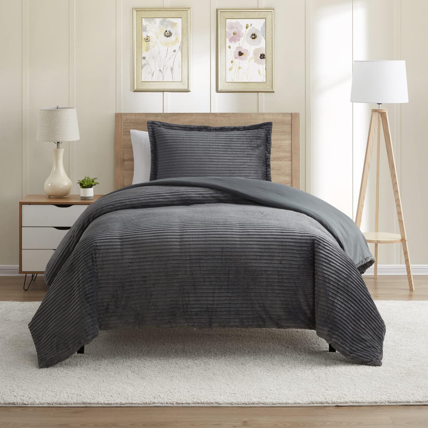 Hearth & Harbor Premium Flannel Duvet Cover Set - 2 PC Reversible Twin Comforter Cover Set with Microfiber Back - 1 Velvet Duvet Cover Twin & 1 Pillow Sham 68 x 90 inches – Charcoal Gray