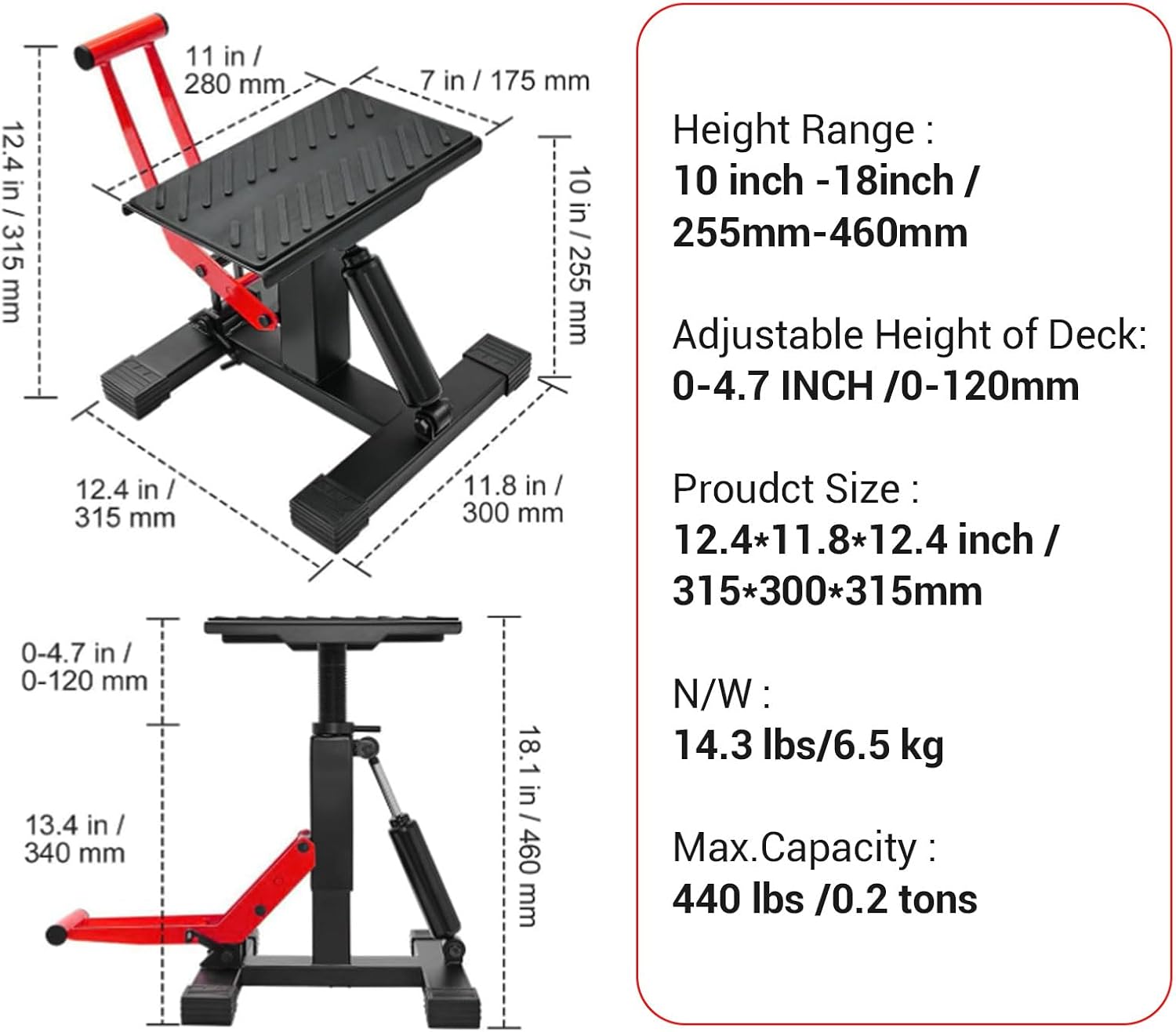 GarveeTech Dirt Bike Lift Stand, Hydraulic Motorcycle Lift Stand 440 LBS Capacity, Adjustable Height Hoist Table, for Dirt Pit Bike Repair, Maintenance, Motorbike Repair Accessories Tools