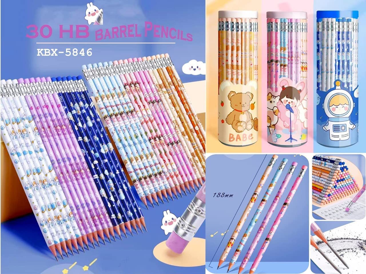 Shivaaro 30pcs/Roll Raw Wood Pencils Cute graphite pencils HB Pencil pencil with Eraser set pack of 30 picese Pencil Top Eraser (Multicolor) 2