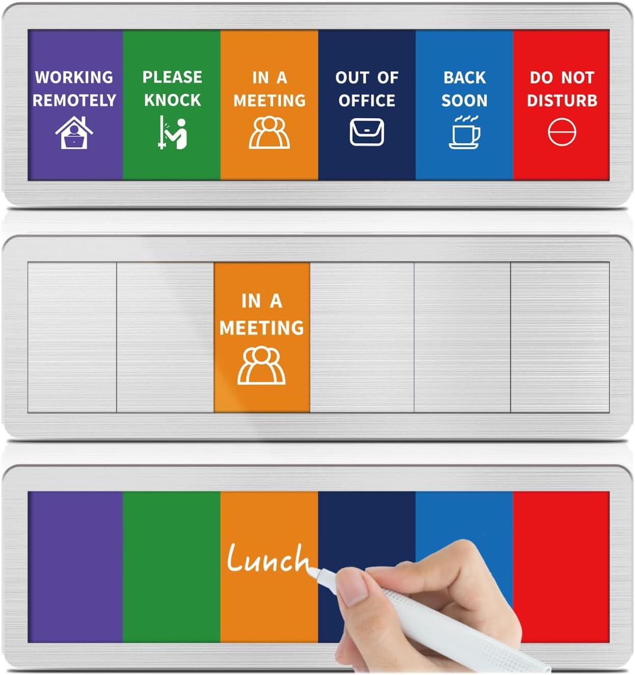 Office Door Signs with 6 Printed Status Options – Do Not Disturb, Out of Office, In a Meeting, Please Knock, Work from Home, Back Soon – Includes Custom Personalized Blank Sticker for Privacy Workspace or Studio Available and Away