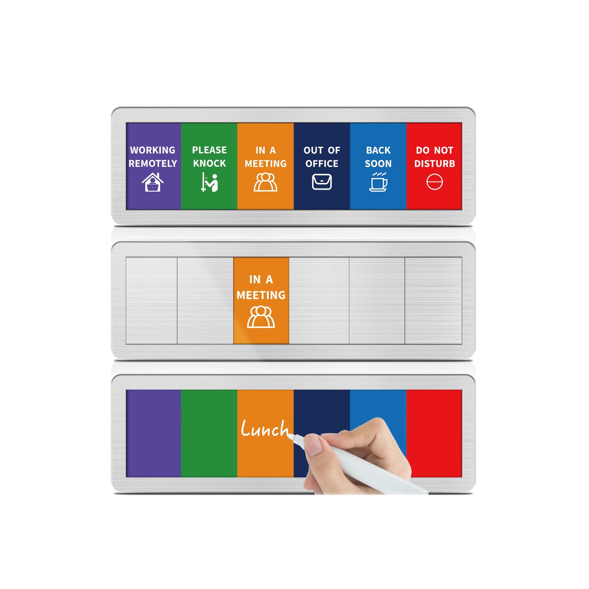 Office Door Signs with 6 Printed Status Options – Do Not Disturb, Out of Office, In a Meeting, Please Knock, Work from Home, Back Soon – Includes Custom Personalized Blank Sticker for Privacy Workspace or Studio Available and Away