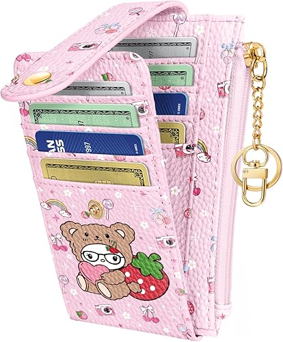 Miniatura 13 de Cartera delgada pequeña para tarjetas para mujeres – Linda cartera con llavero con bloqueo RFID, mantiene 7 tarjetas, diseño de moda de cuero