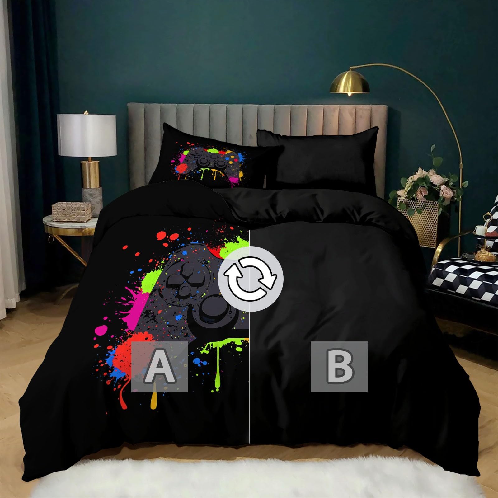 Funda Nórdica Microfibra Cremallera Diseño Suave Juego de Funda Nórdica con Funda de Almohad para Adulto Niños Adolescentes - Cama 135/150-220 x 240 cm Mando de Juego Dibujos Animados Negro