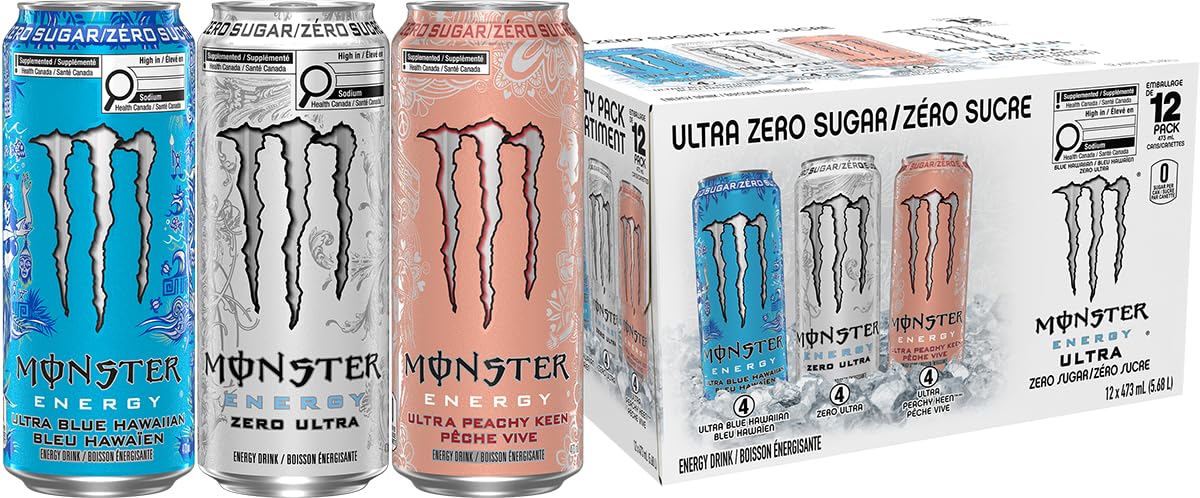 Monster Energy, Ultra Variety Pack (Zero Ultra, Ultra Blue Hawaiian, Ultra Peachy Keen), 473mL (12 Pack) - Zero Sugar Energy Drink - Variety Pack (Zero Ultra, Ultra Blue Hawaiian, Ultra Peachy Keen) - 473mL (12 Pack)