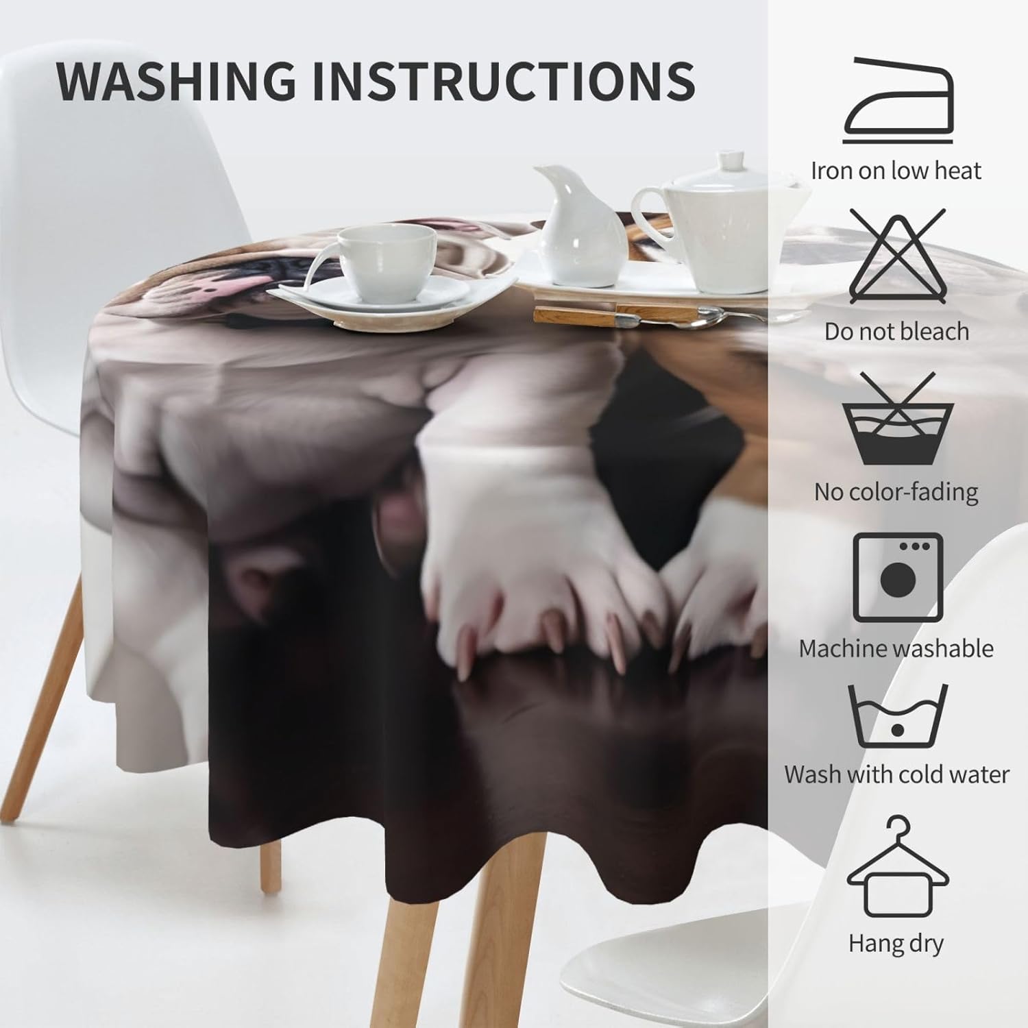 Round Tablecloth for Dining Table 60 Inch Fabric Table Cover Two Cute Bulldog Dogs Water Resistant Circular Table Cloth for Kitchen Farmhouse Decorative Tables Cloth Cover