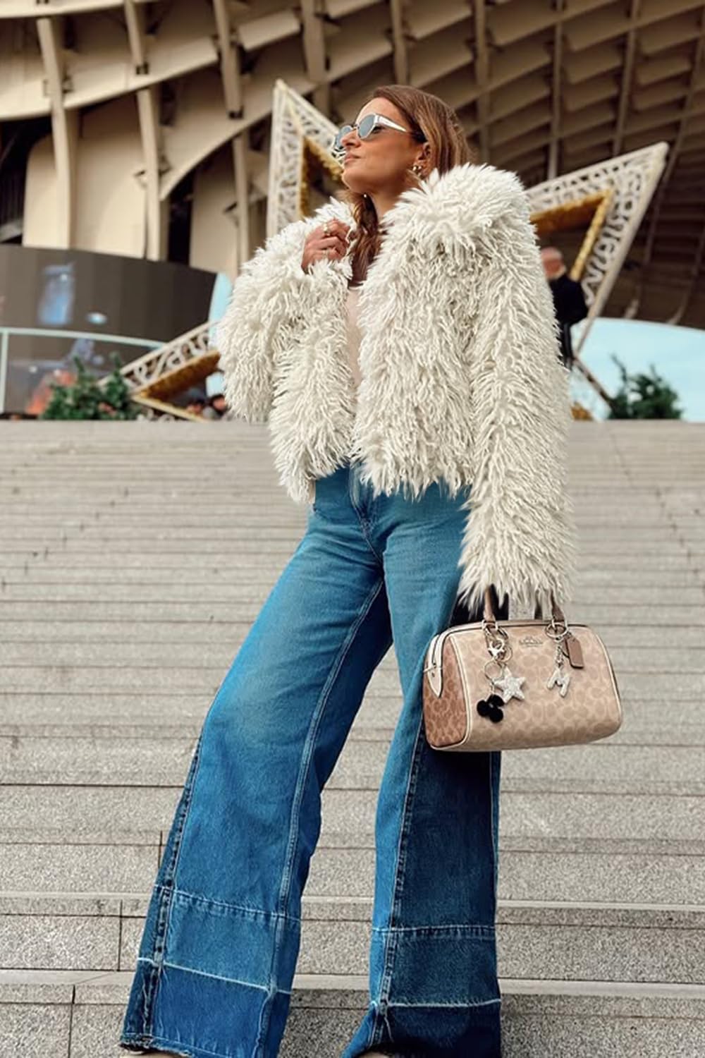 Aoang Women's Cropped Faux Fur Jacket Long Sleeve Shaggy Fluffy Winter Coat with Pockets for Wedding Club Party - Image 4