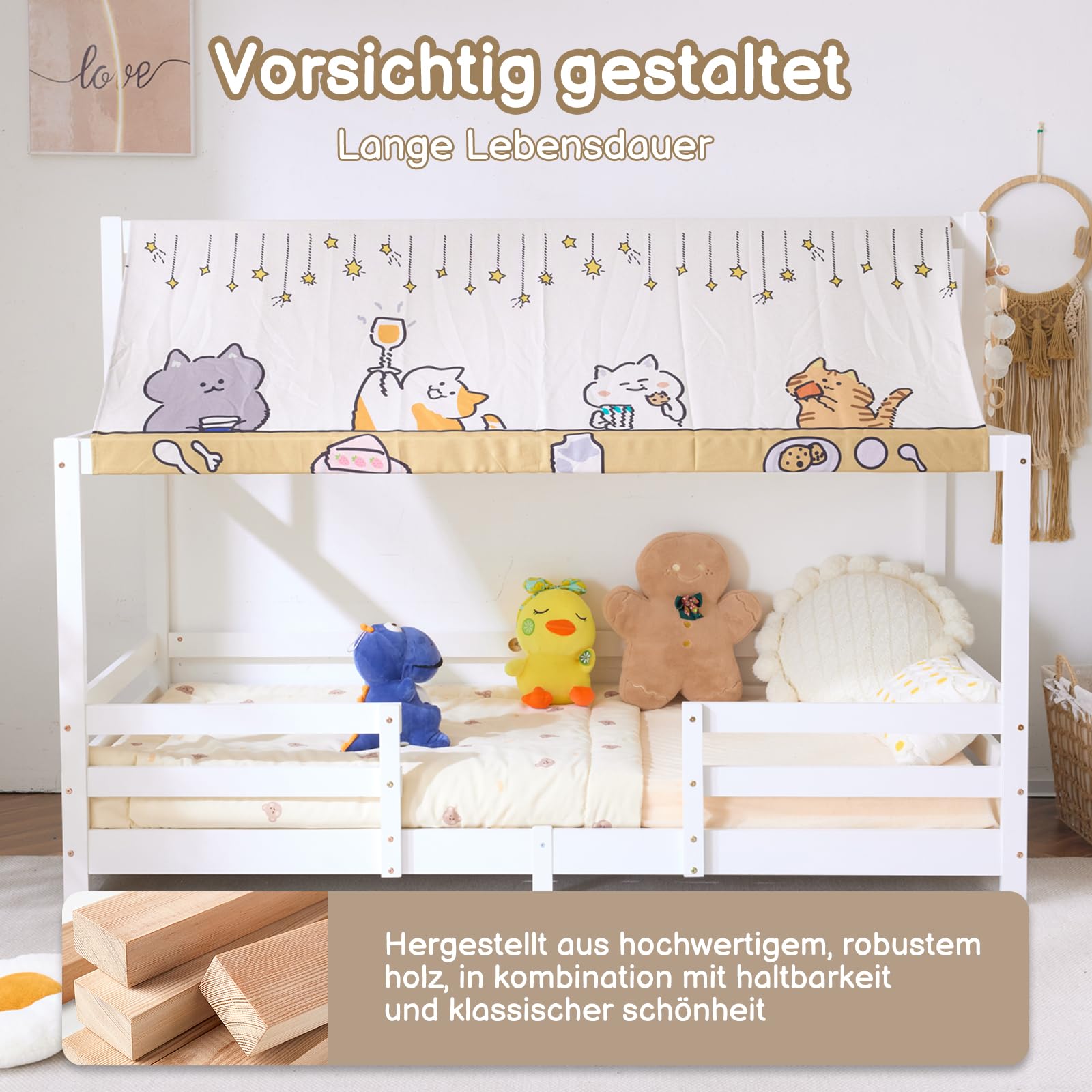 LEADZM Kinderbett Bodenbett 90x200 cm, Kinder Bett Mit Stoffhimmel (Weiß) | Kinderbetten inkl. Rausfallschutz & Lattenrost, Bodenbett Kinder bis 200 kg
