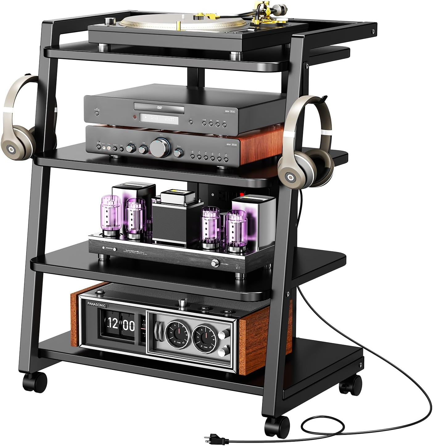 Mobile AV Media Stand with Outlets and 4 Rolling Caster Wheels, 4-Tier Rolling TV Stand for Gaming Console, Stereo, DVD Player, Sturdy Metal Frame, Versatile Living Room,Bedroom (Black)