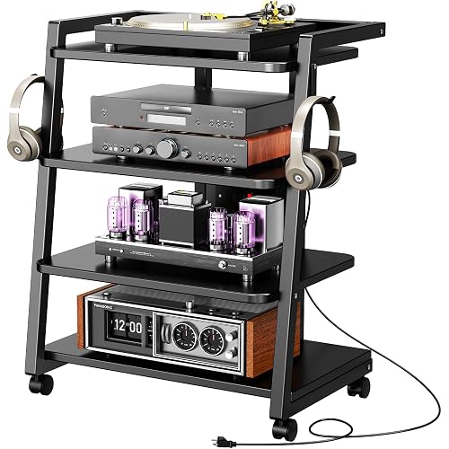 CABTE Mobile AV Media Stand with Outlets and 4 Rolling Caster Wheels, 4-Tier Rolling TV Stand for Gaming Console, Stereo, DVD Player, Sturdy Metal Frame, Versatile Living Room,Bedroom (Black)