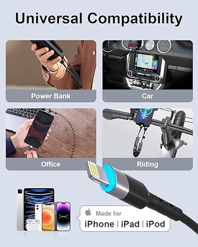 Miniatura 7 de Cable Lightning en espiral, 2 unidades, 3 pies, cable iPhone para automóvil, Apple CarPlay certificado MFi, carga corta USB a Lightning compatible