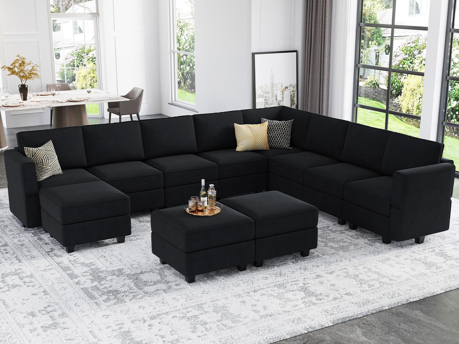 Belffin Modular Sectional Sofa with Storage Seat Oversized U Shaped Couch Velvet Modular Sofa Set with Ottoman Velvet Black