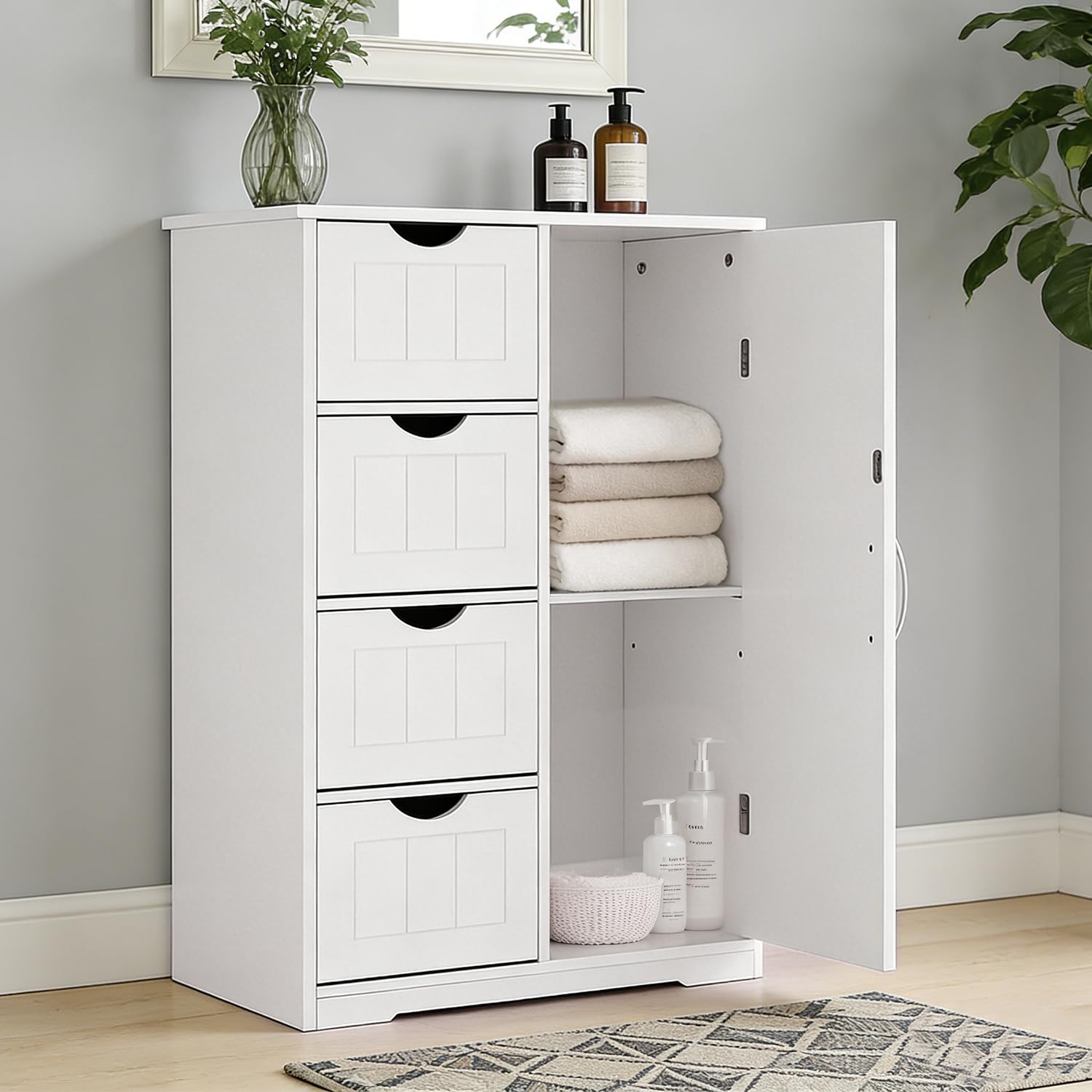 DUMOS Badezimmerschrank, MDF Kommode mit Schubladen, Badschrank Schmal Klein, Beistellschrank mit 4 Schubladen, 60 x 28.5 x 81 cm, für Badezimmer, Wohnzimmer, Schlafzimmer, Esszimmer, Küche, Weiß