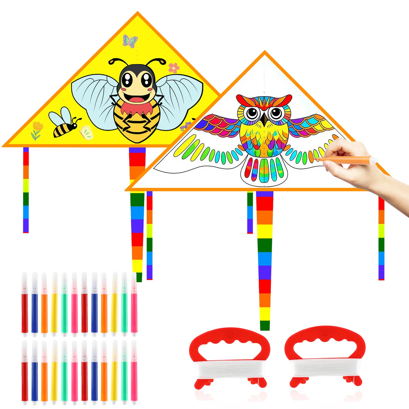 DIY Blank Large Owl Bee Color Filled Kite,100x100cm Single Line Colorful Painting Kites Making Kit Bulk with Long Tail Beginner with Winding Handle 50m Line Pens Outdoor Park Games Activities