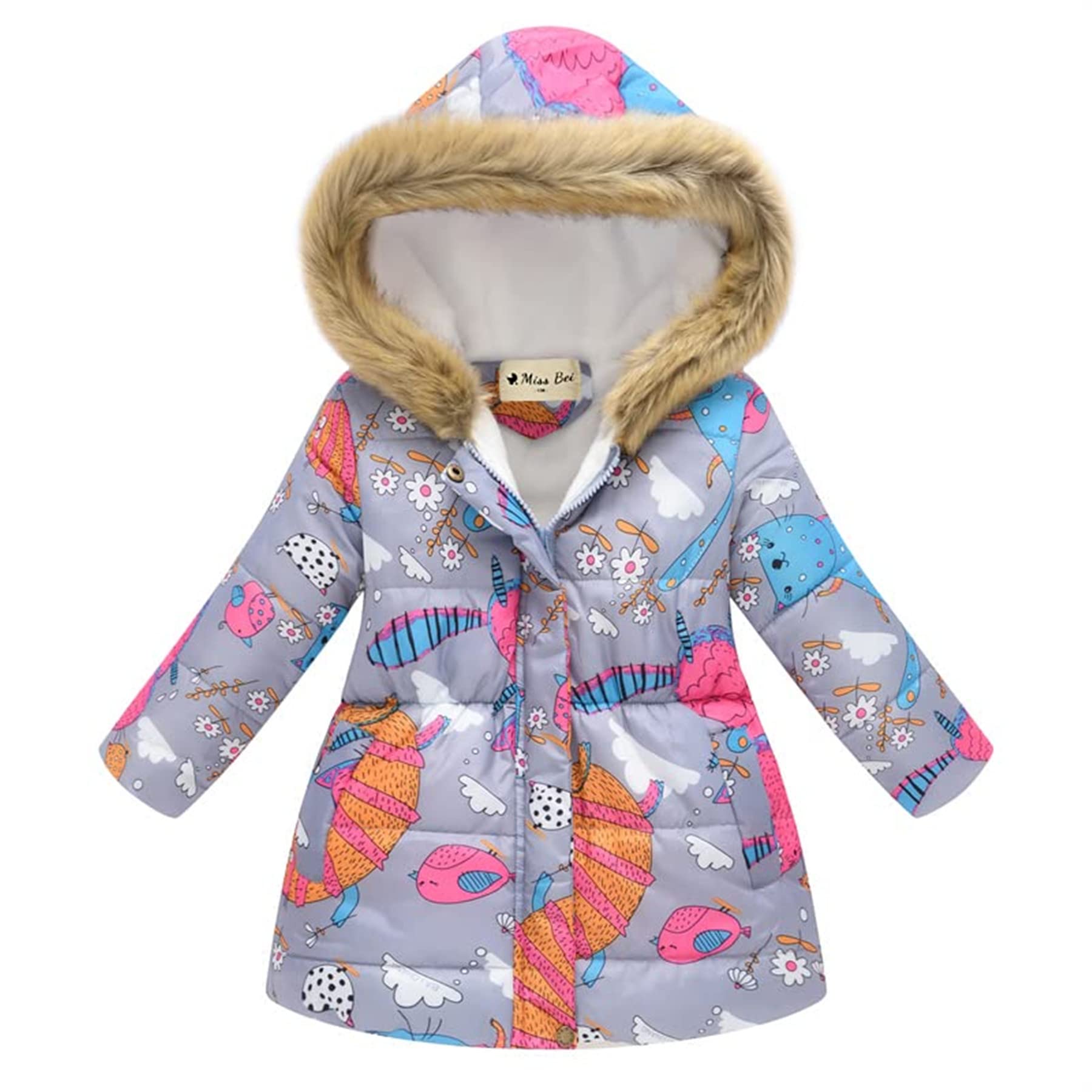 Miss Bei Girl's Winter Coat Jacket Hooded Kids Toddler Flower Print Parka Outwear Warm Cotton Puffer Hooded Jacket