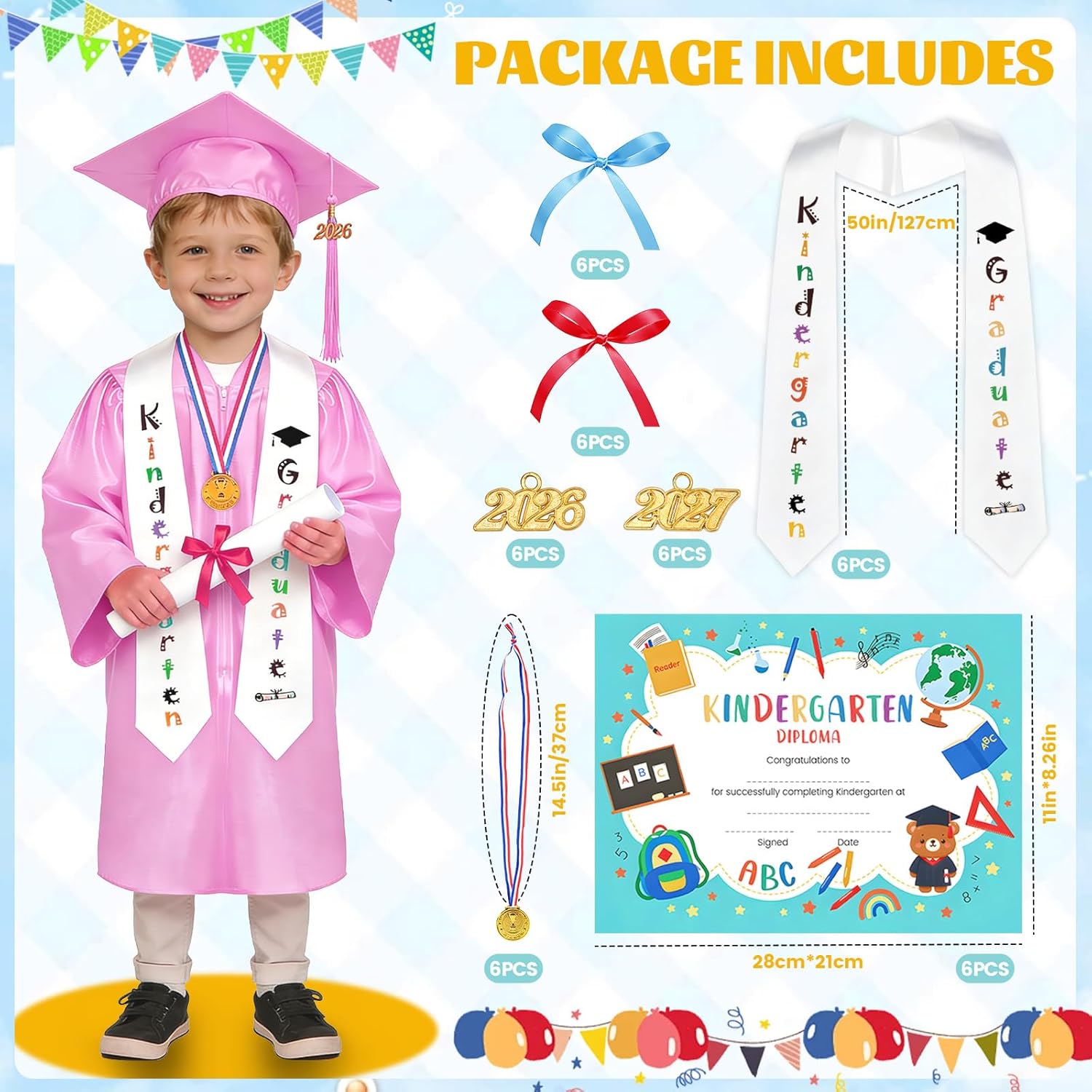 56 Pcs Kindergarten Graduation Cap and Gown - Preschool Graduation Cap and Gown Set with Tassel Stole 2026 & 2027 Charms