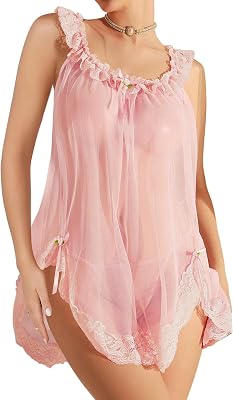 Foxiny Sexy Bows Split Side Ruffle Lace Mesh Sheer Babydoll Lingerie Dress Nightgown Set with Thong 2 Piece